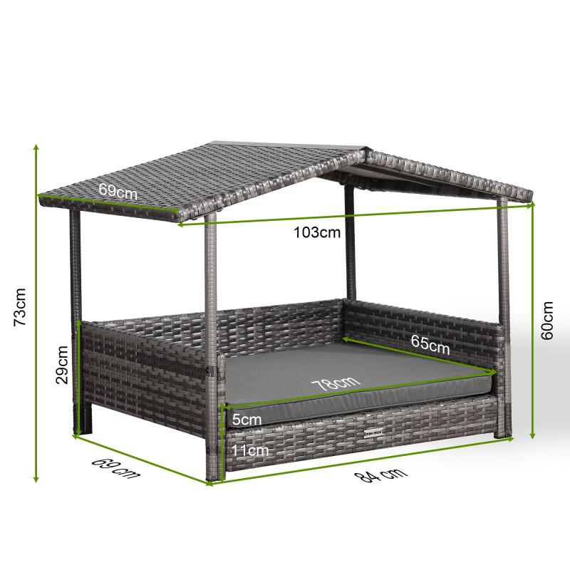 Telluria Mice Wicker Raised Dog House / Rattan Dog Bed for Indoor/Outdoor with Removable Roof and Cushion in Grey