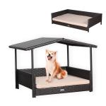 Telluria Mice Wicker Raised Dog House /Rattan Dog Bed for Indoor/Outdoor with Weatherproof Roof and Removable Cushion Lounge in Brown Weave(Z4-Large)