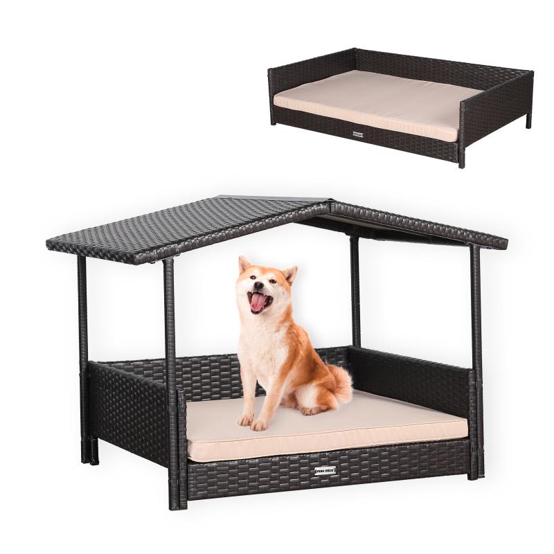 Telluria Mice Wicker Raised Dog House /Rattan Dog Bed for Indoor/Outdoor with Weatherproof Roof and Removable Cushion Lounge in Brown Weave(Z4-Large)