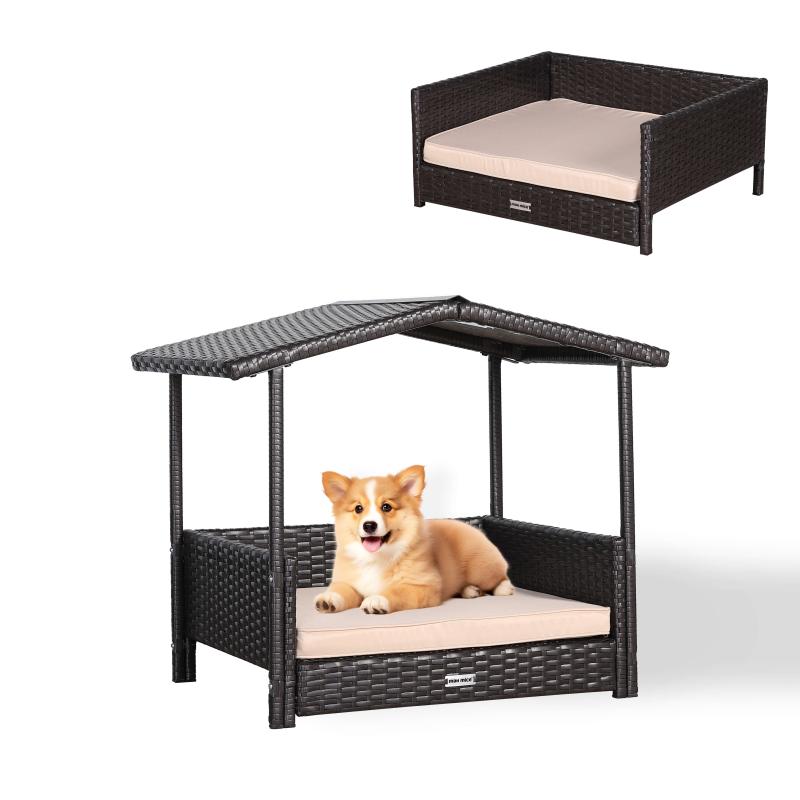 Telluria Mice Wicker Raised Dog House /Rattan Dog Bed for Indoor/Outdoor with Weatherproof Roof and Removable Cushion Lounge in Brown Weave(Z4-Large)