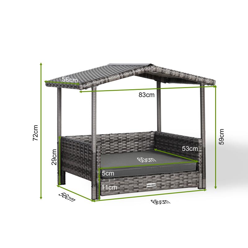 Telluria Mice Wicker Raised Dog House / Rattan Dog Bed for Indoor/Outdoor with Removable Roof and Cushion in Grey